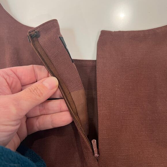 Vtg August Silk Linen Silk Blend Knee Length Sleeveless Dress Brown 12 - Picture 5 of 9